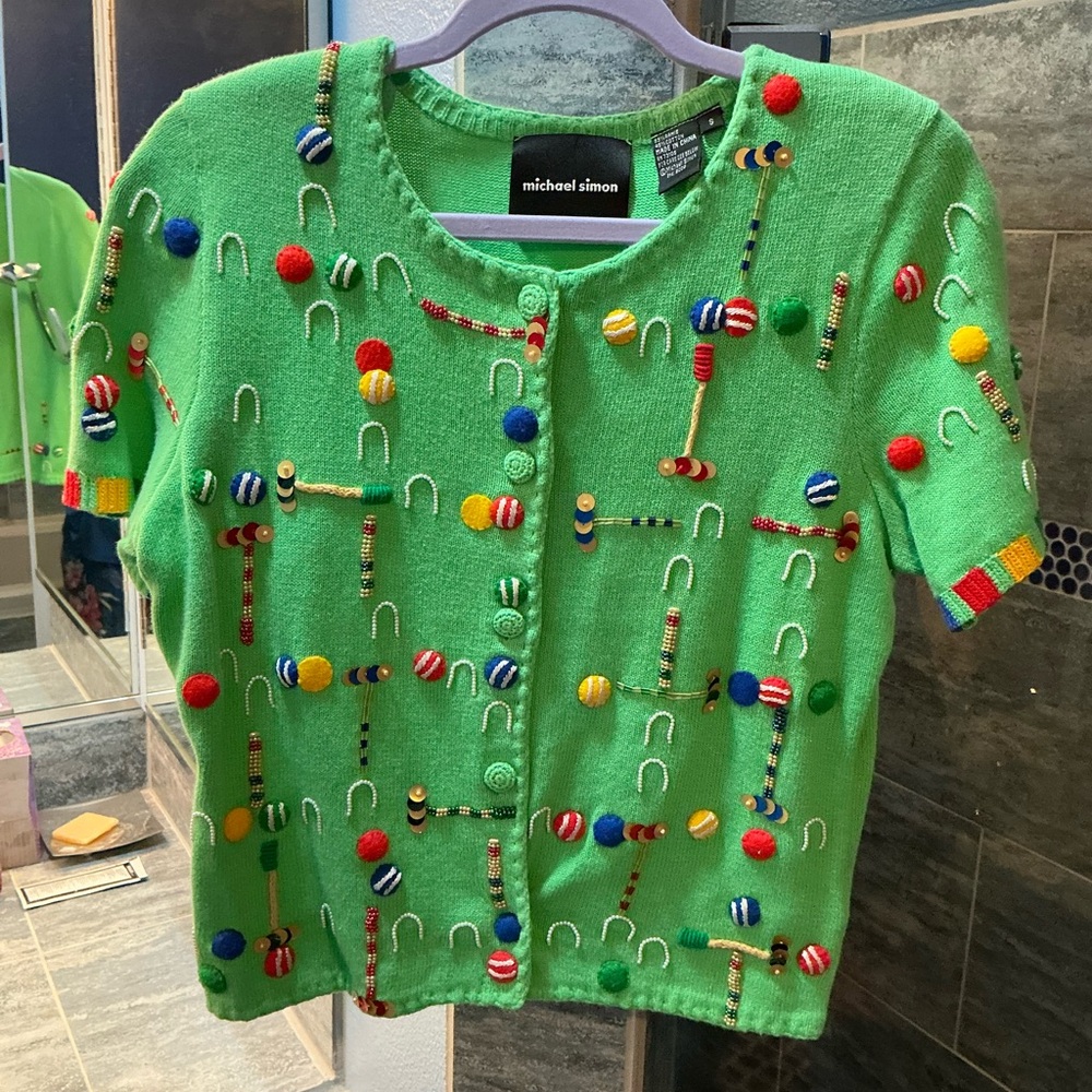 Michael Simon Size Small Green Embellished Knit Croquet Sweater. - Picture 2 of 5